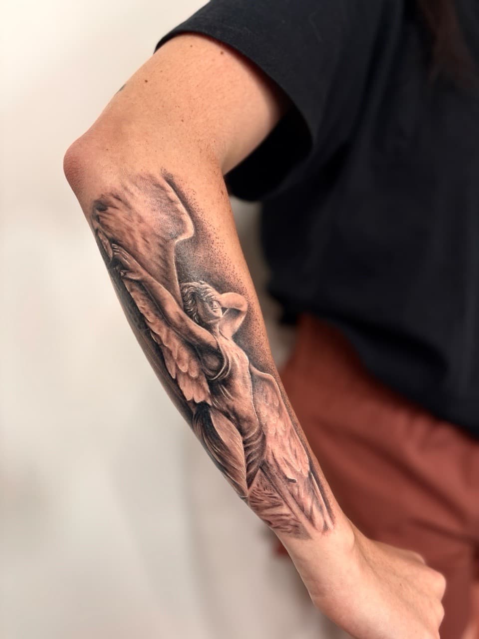 Black & Grey + Realism angel tattoo on Forearm by Damionjonestattoos on TattMe
