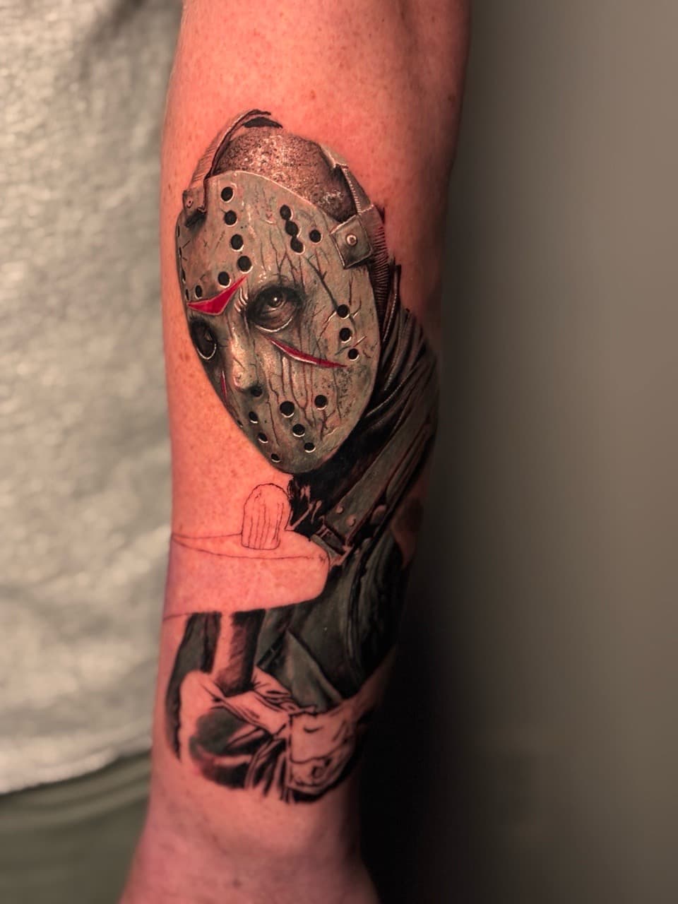 Realism + Black & Grey jason voorhees tattoo on Forearm by Damionjonestattoos on TattMe