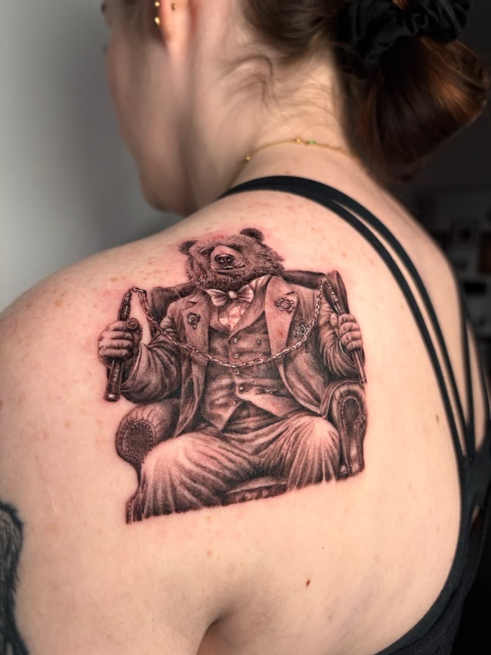 Black & Grey + Illustrative bear tattoo on Shoulder Blade by Damionjonestattoos on TattMe