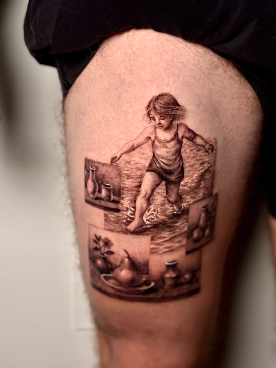 Black & Grey + Realism child tattoo on Thigh by Damionjonestattoos on TattMe