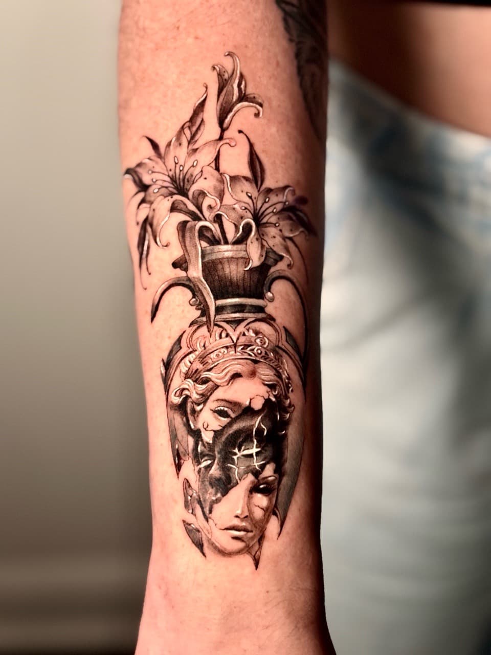 Black & Grey + Illustrative statue tattoo on Forearm by Damionjonestattoos on TattMe