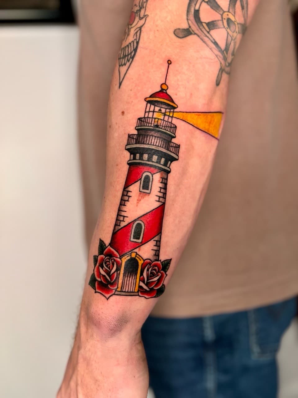 Traditional + American Traditional lighthouse tattoo on Forearm by Damionjonestattoos on TattMe