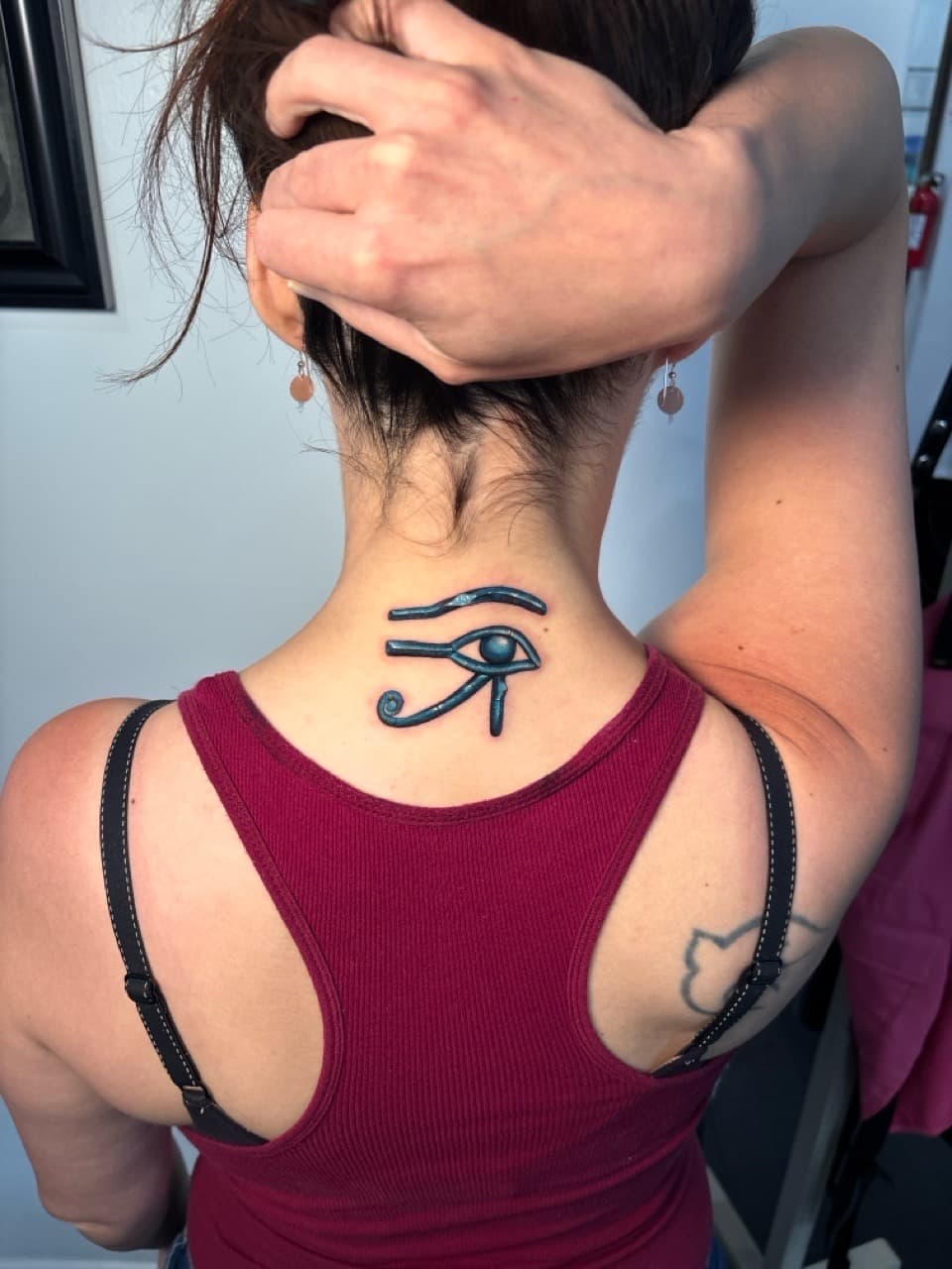 Illustrative + Color eye of horus tattoo on Neck (Back) by Damionjonestattoos on TattMe