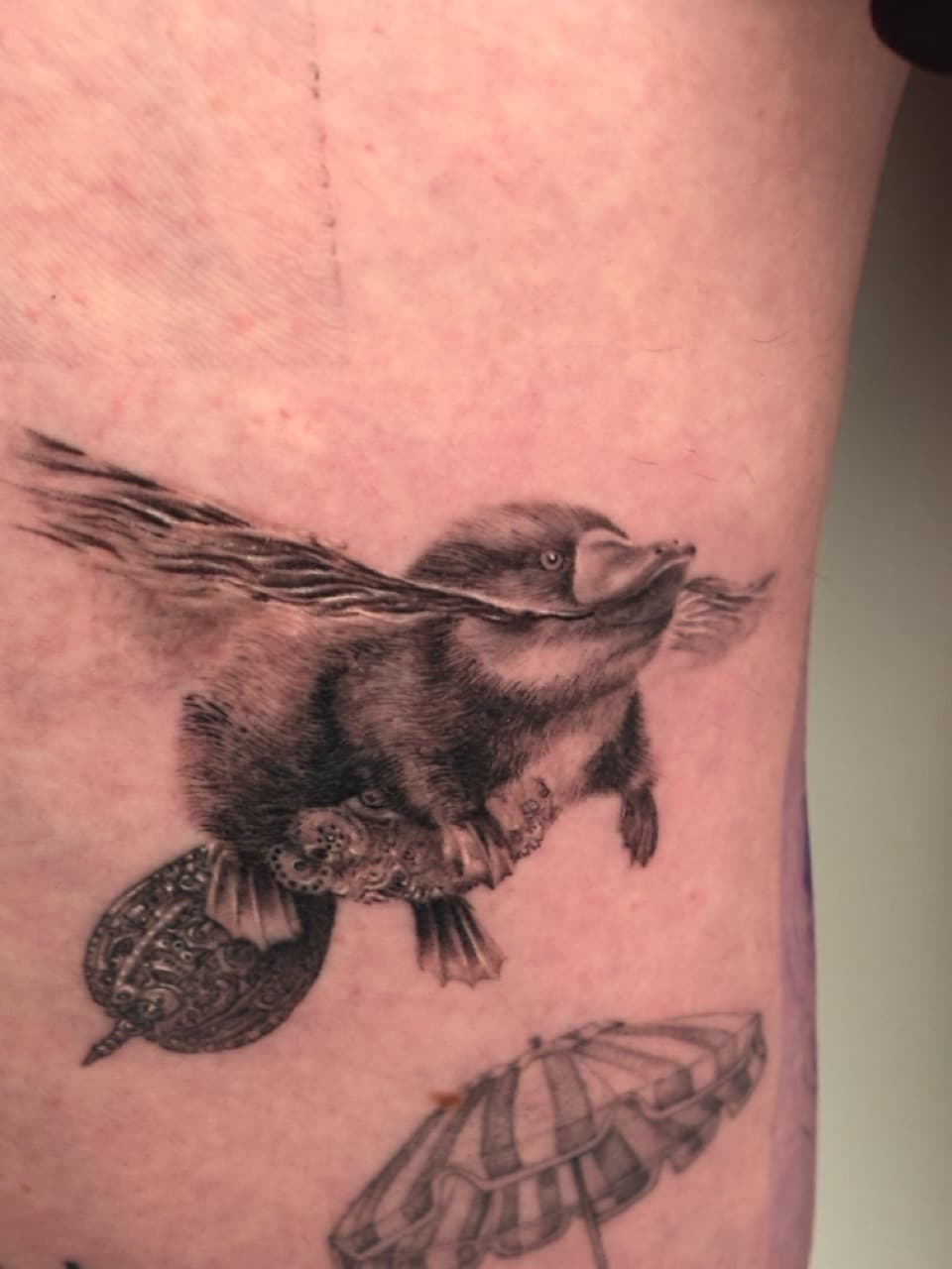Black & Grey + Realism platypus tattoo on Thigh by Damionjonestattoos on TattMe