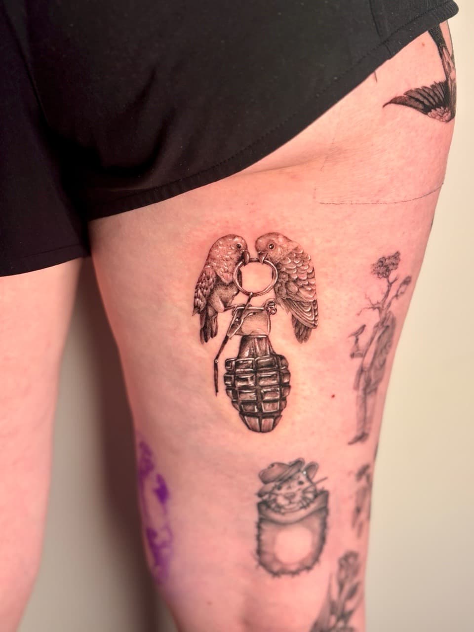 Black & Grey + Illustrative birds tattoo on Thigh by Damionjonestattoos on TattMe