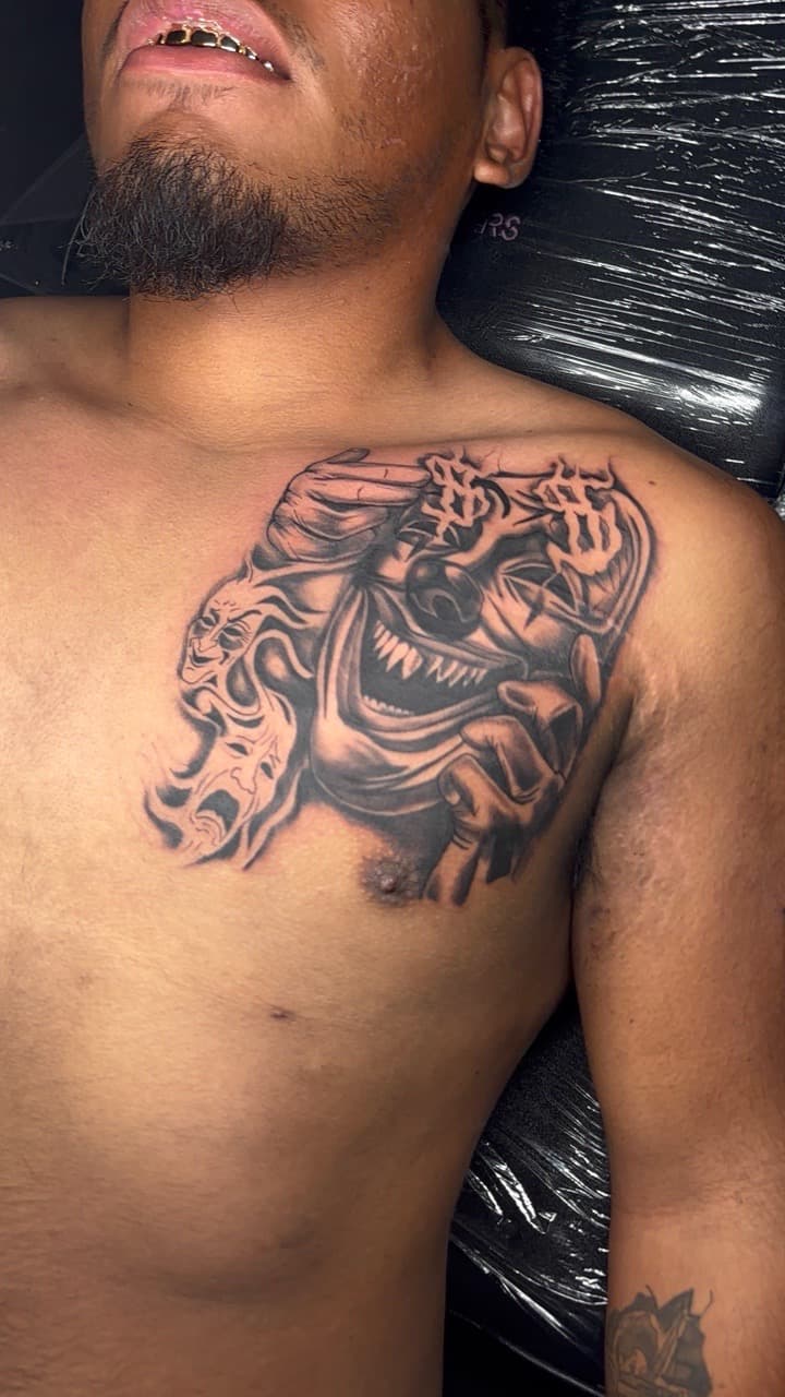 Black & Grey + Illustrative clown tattoo on Chest by JdaPicasso on TattMe