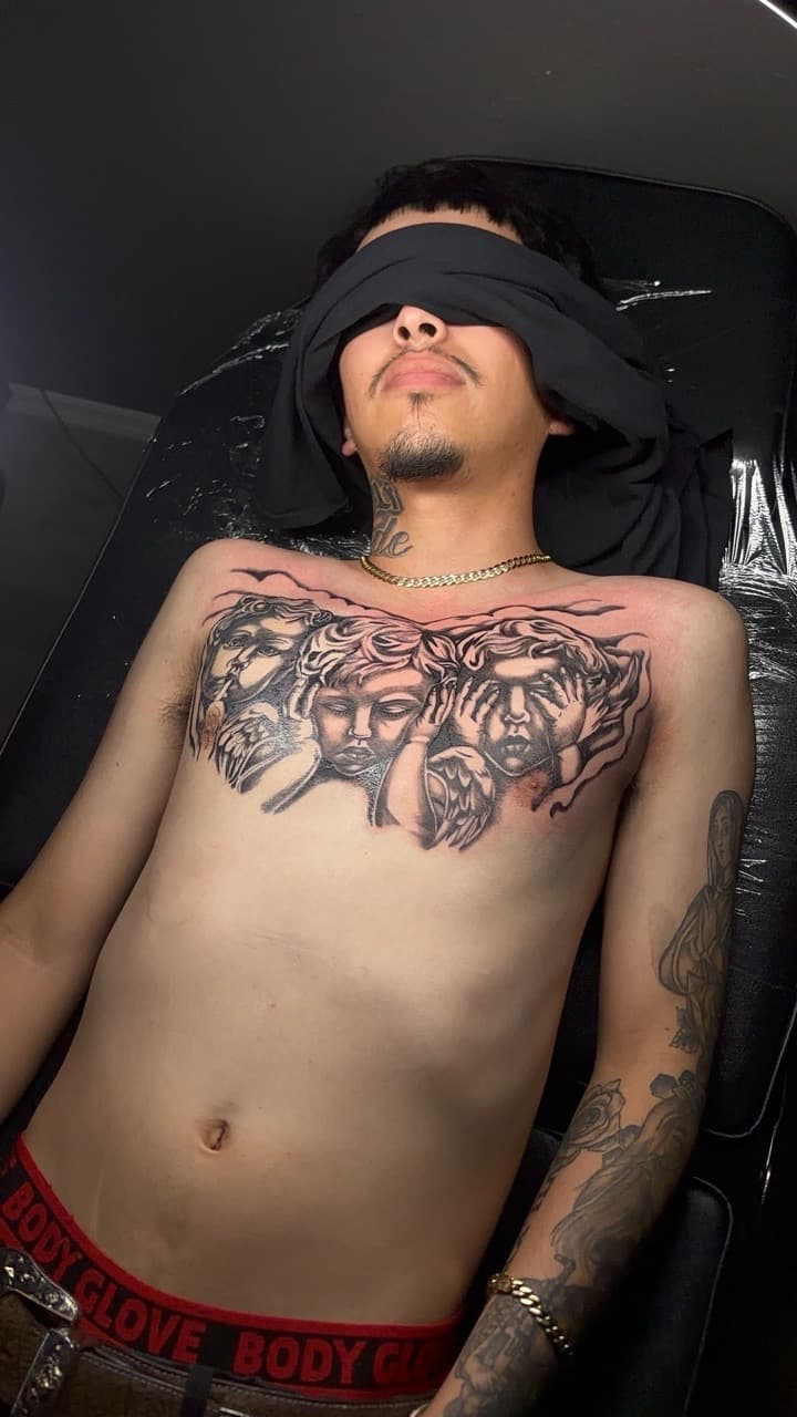Black & Grey + Realism cherubs tattoo on Chest by JdaPicasso on TattMe