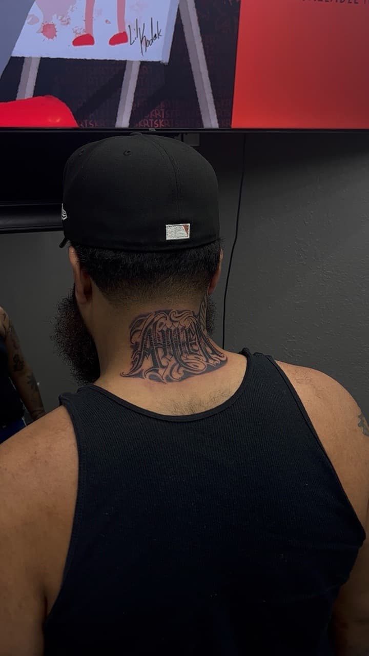 Lettering + Script ornamental tattoo on Neck (Back) by JdaPicasso on TattMe