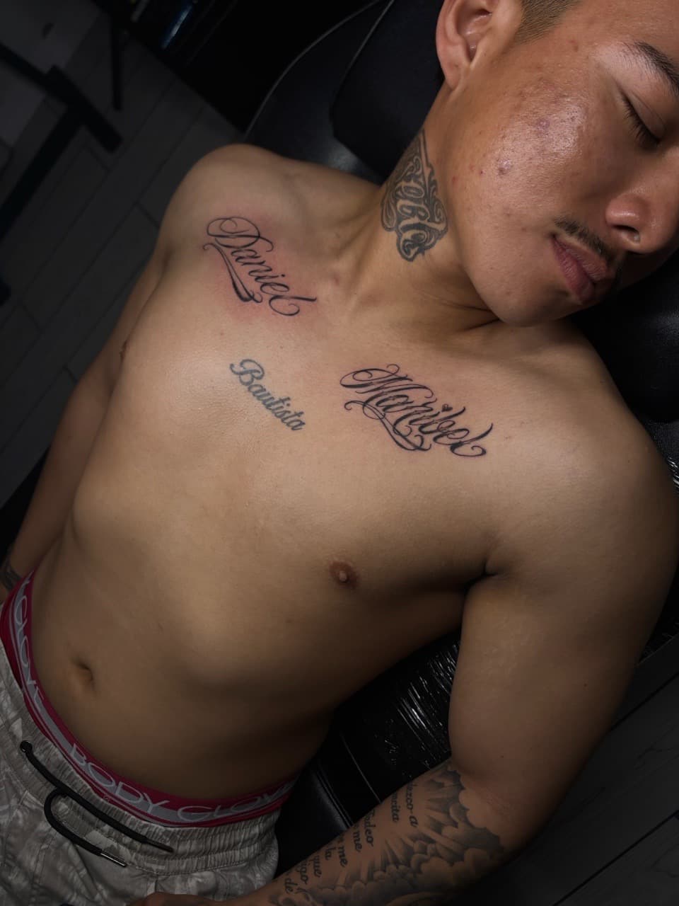 Lettering + Script names tattoo on Chest by JdaPicasso on TattMe