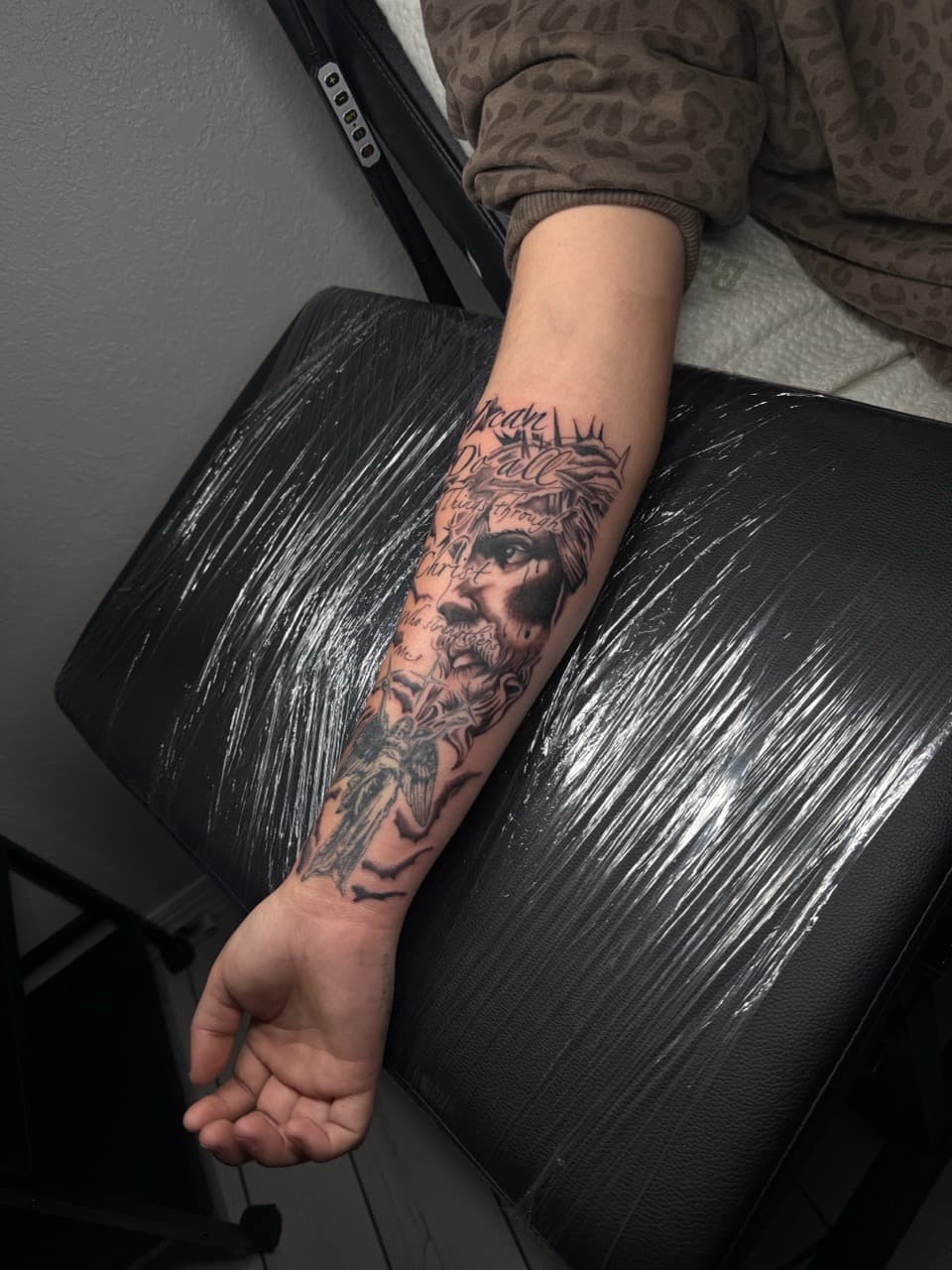 Black & Grey + Lettering jesus tattoo on Forearm by JdaPicasso on TattMe