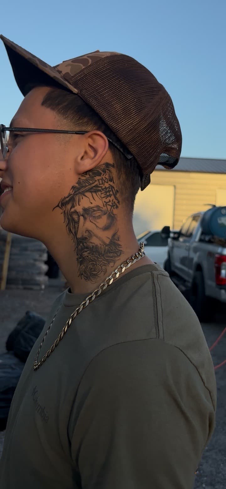 Black & Grey + Realism jesus tattoo on Neck (Side) by JdaPicasso on TattMe