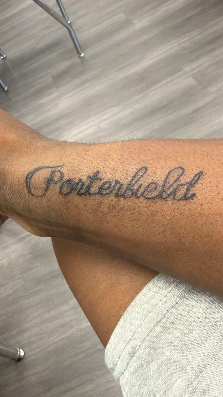 Lettering + Script porterfield tattoo on Forearm by North_Ga_Tat on TattMe