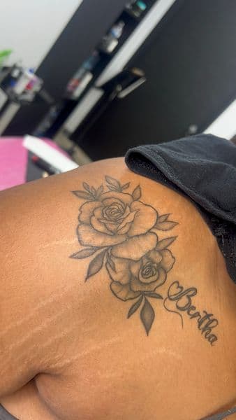 Black & Grey + Floral roses tattoo on Shoulder Blade by TonyCreativeCultureTattoo on TattMe