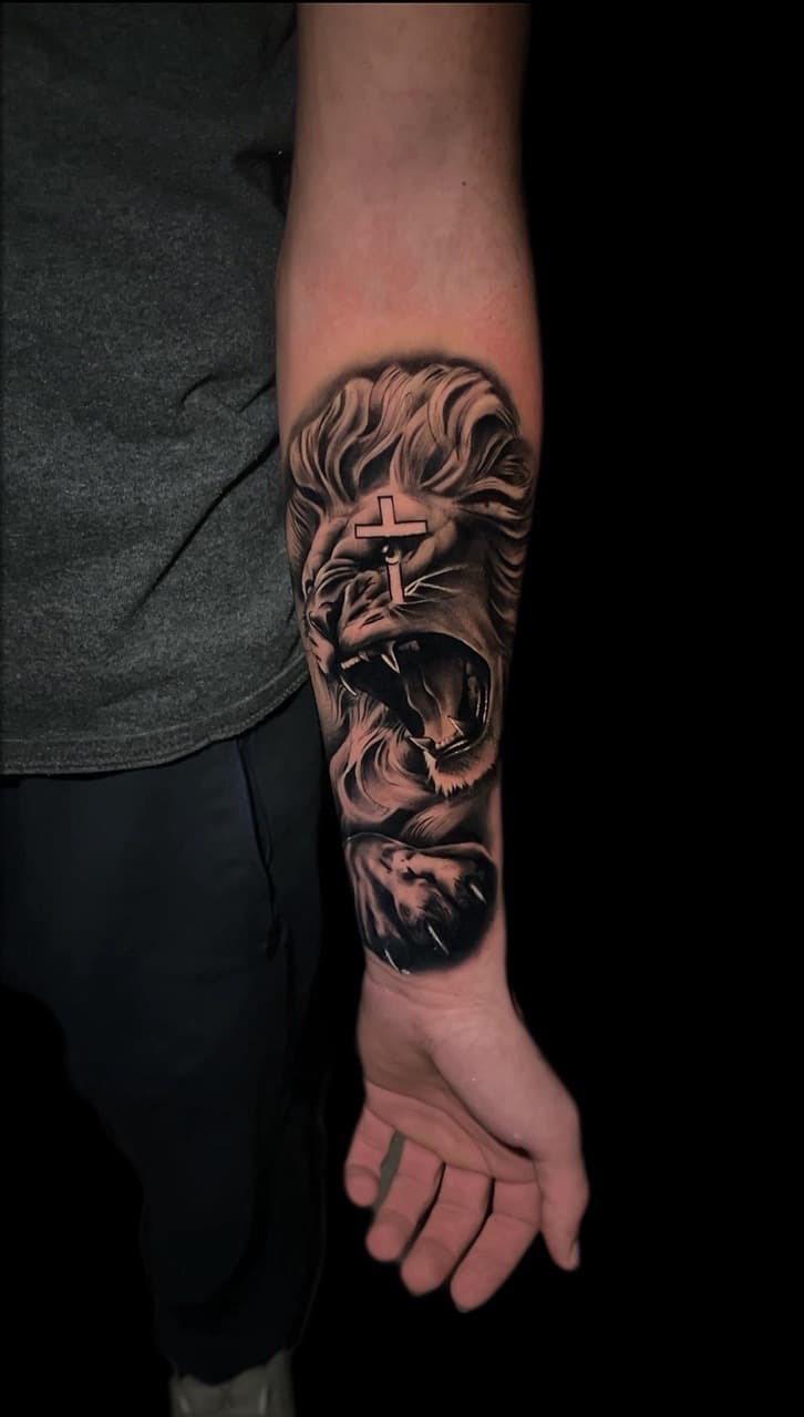 Black & Grey + Realism lion tattoo on Forearm by Santos_inkz on TattMe