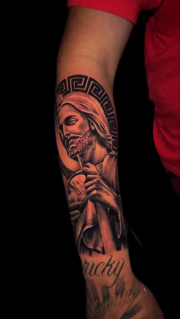 Black & Grey + Realism jesus tattoo on Forearm by Santos_inkz on TattMe