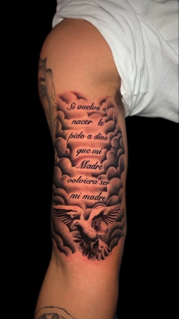 Black & Grey + Lettering dove tattoo on Upper Arm by Santos_inkz on TattMe