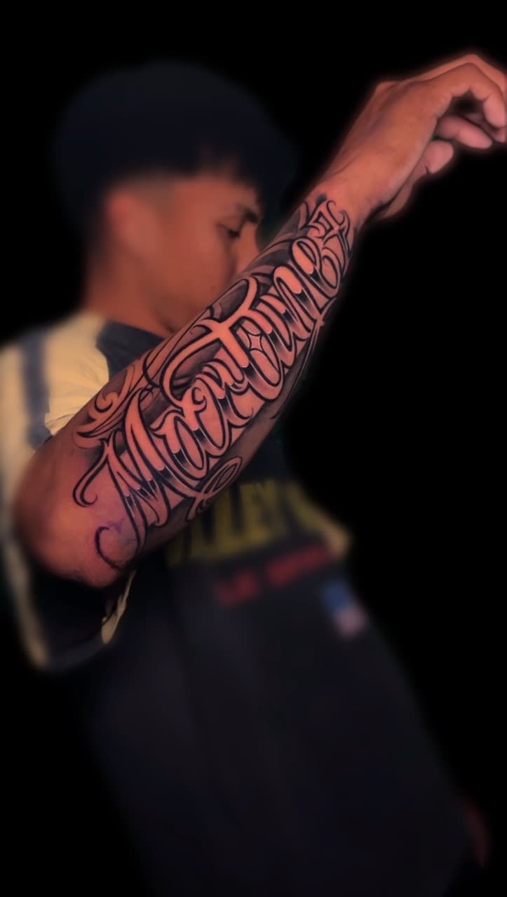 Lettering + Script cross tattoo on Forearm by Santos_inkz on TattMe
