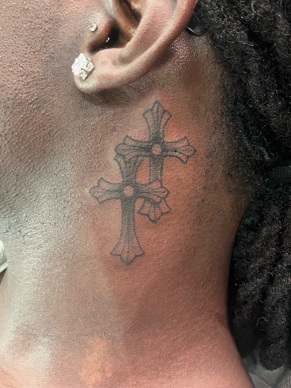Black & Grey + Black-work crosses tattoo on Neck (Side) by prodaJ on TattMe