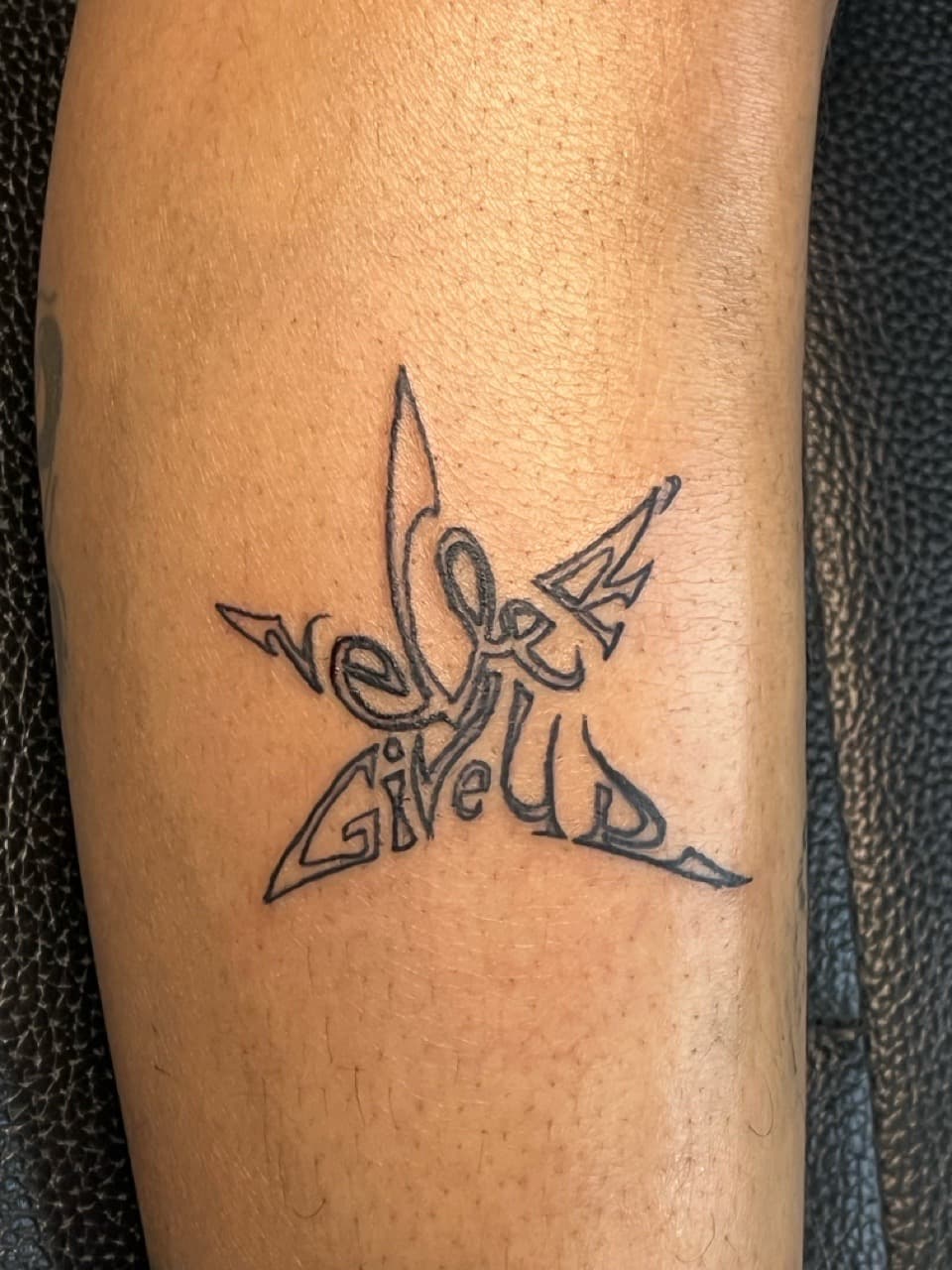 Lettering + Line-work star tattoo on Calf by prodaJ on TattMe