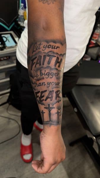 Lettering + Black & Grey scripture tattoo on Forearm by yeahdatscjink on TattMe