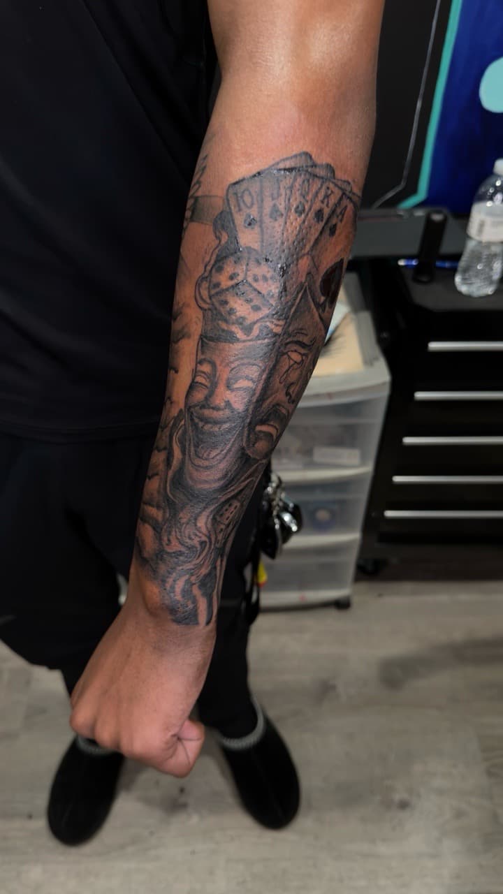 Black & Grey + Illustrative playing cards tattoo on Forearm by yeahdatscjink on TattMe
