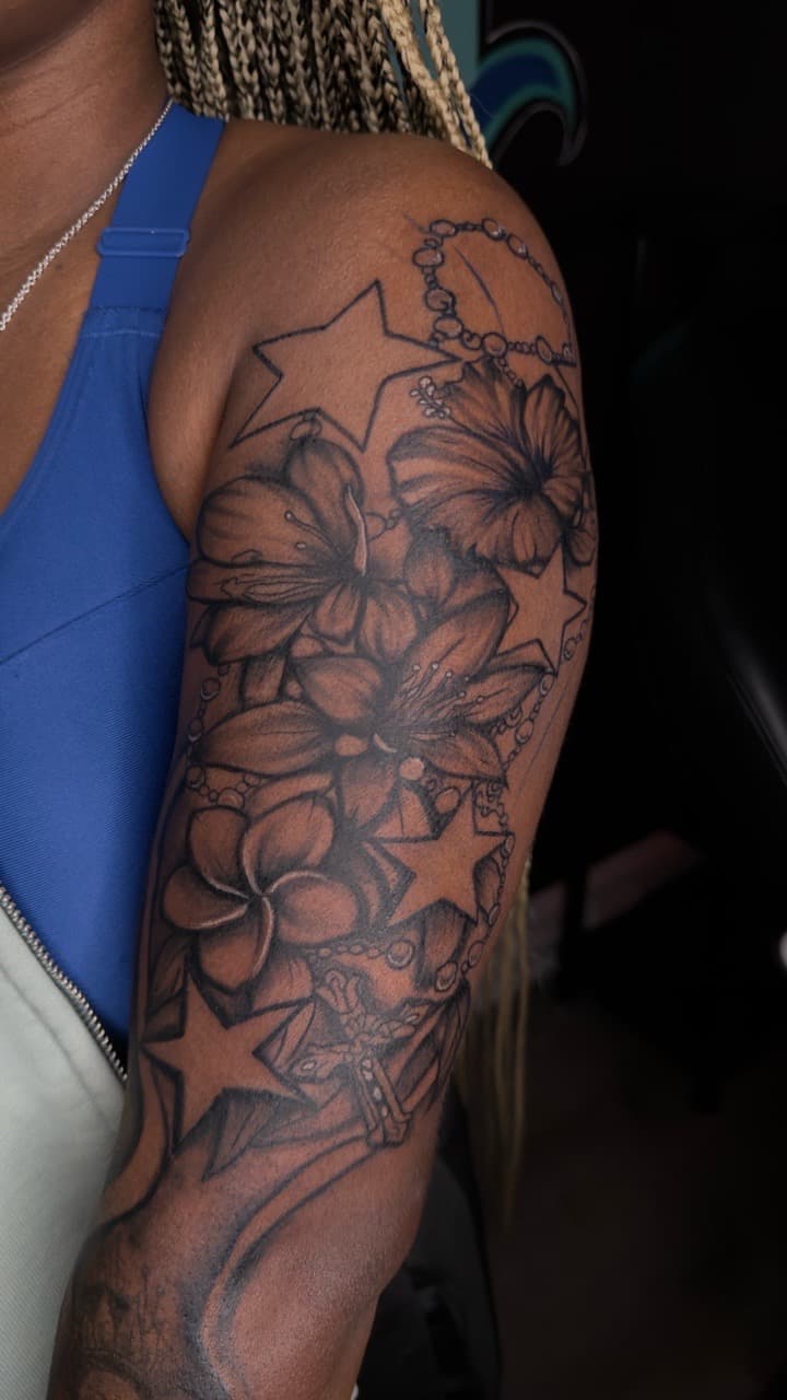 Floral + Black & Grey flowers tattoo on Half Sleeve by yeahdatscjink on TattMe
