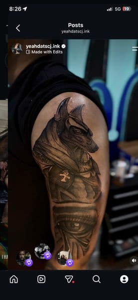 Black & Grey + Realism anubis tattoo on Upper Arm by yeahdatscjink on TattMe