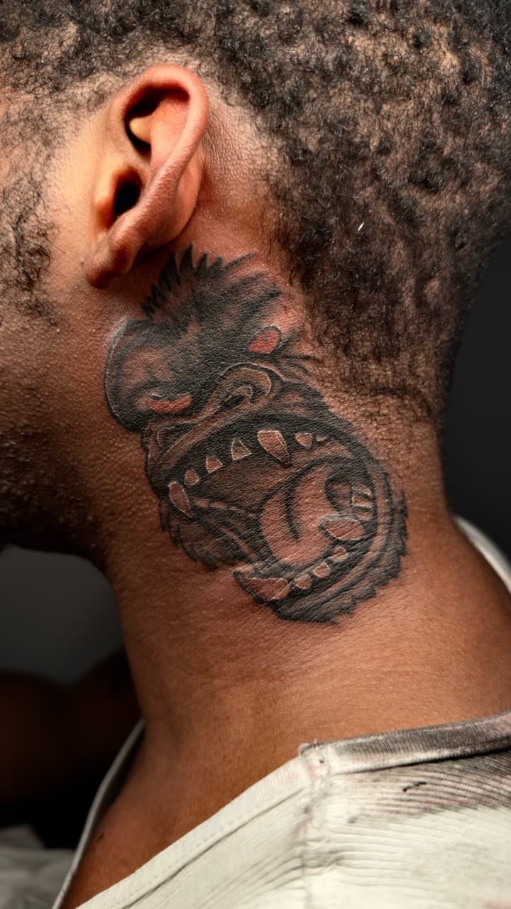 Black & Grey + Illustrative creature tattoo on Neck (Side) by yeahdatscjink on TattMe