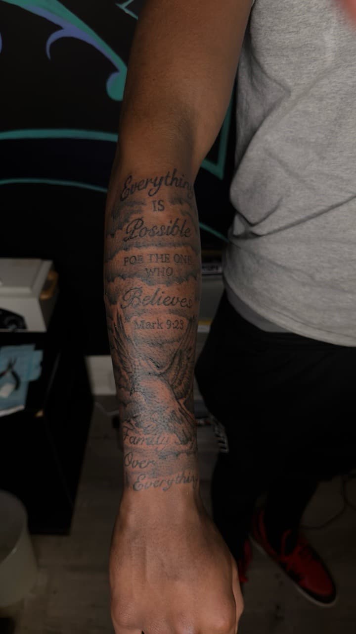 Black & Grey + Lettering scripture tattoo on Forearm by yeahdatscjink on TattMe