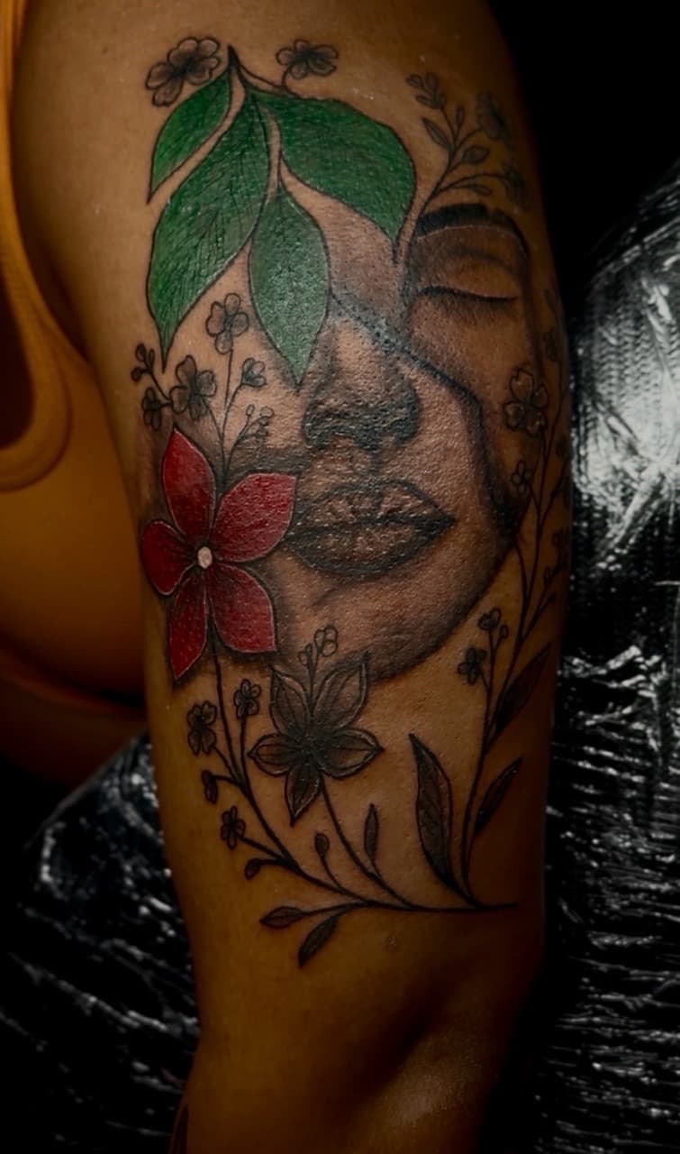 Illustrative + Floral buddha tattoo on Upper Arm by yeahdatscjink on TattMe