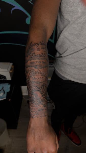 Black & Grey + Lettering scripture tattoo on Forearm by yeahdatscjink on TattMe