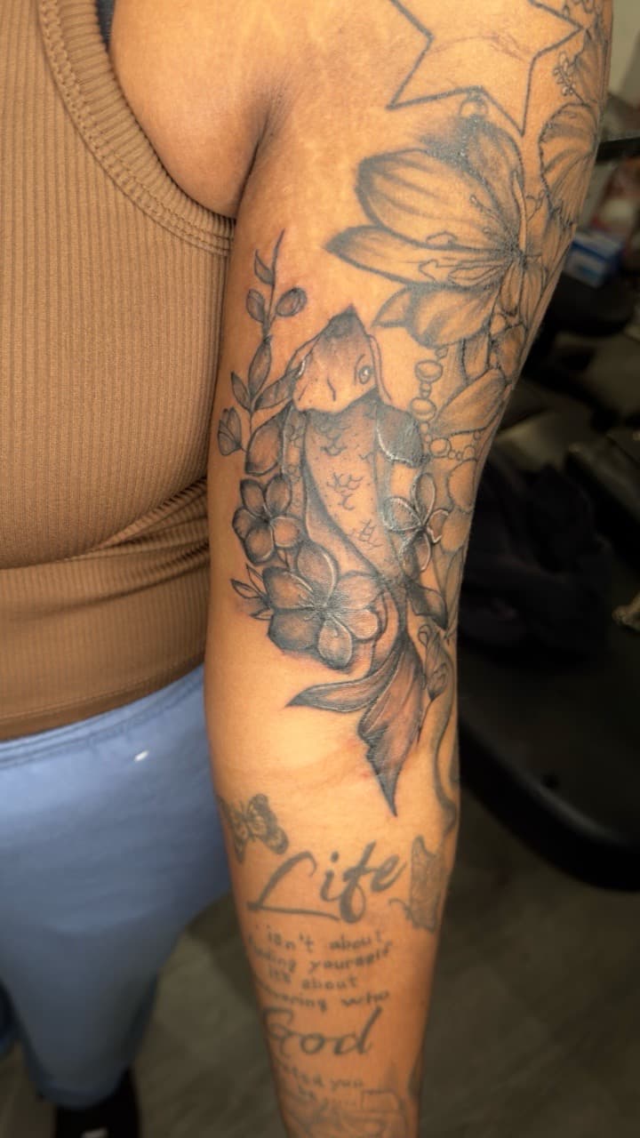 Black & Grey + Illustrative koi tattoo on Half Sleeve by yeahdatscjink on TattMe