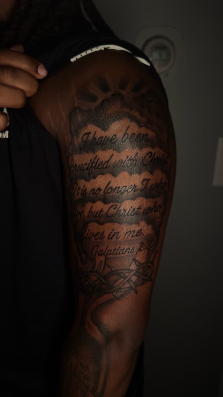 Lettering + Script bible verse tattoo on Upper Arm by yeahdatscjink on TattMe
