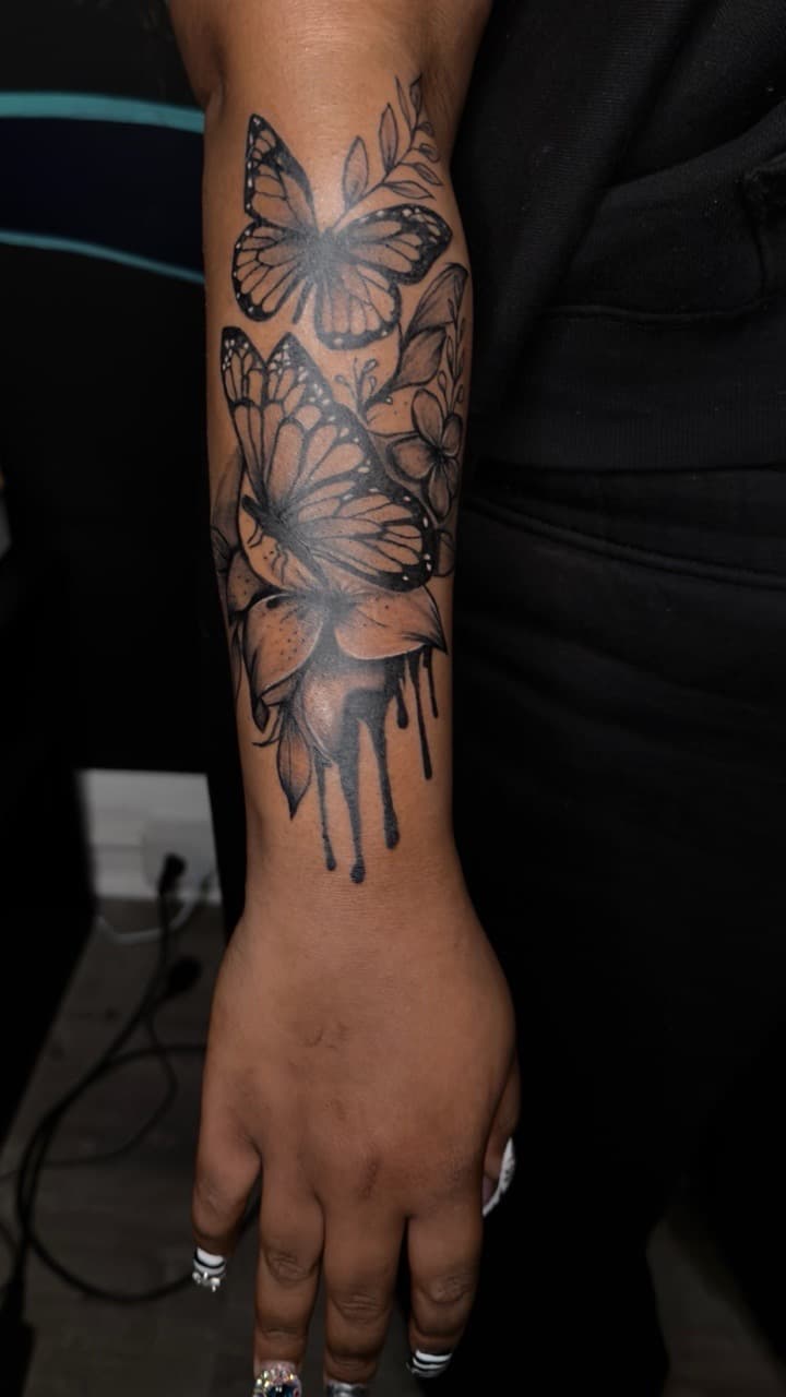 Black & Grey + Floral butterflies tattoo on Forearm by yeahdatscjink on TattMe