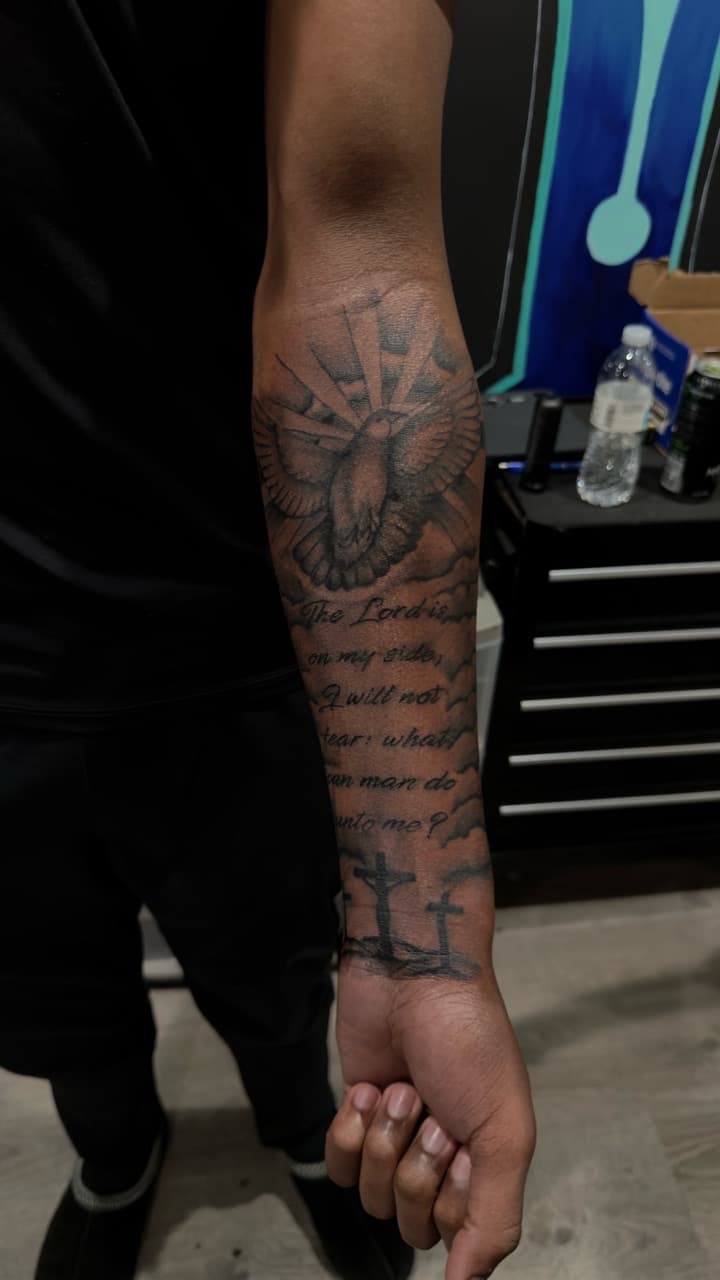 Black & Grey + Lettering dove tattoo on Forearm by yeahdatscjink on TattMe