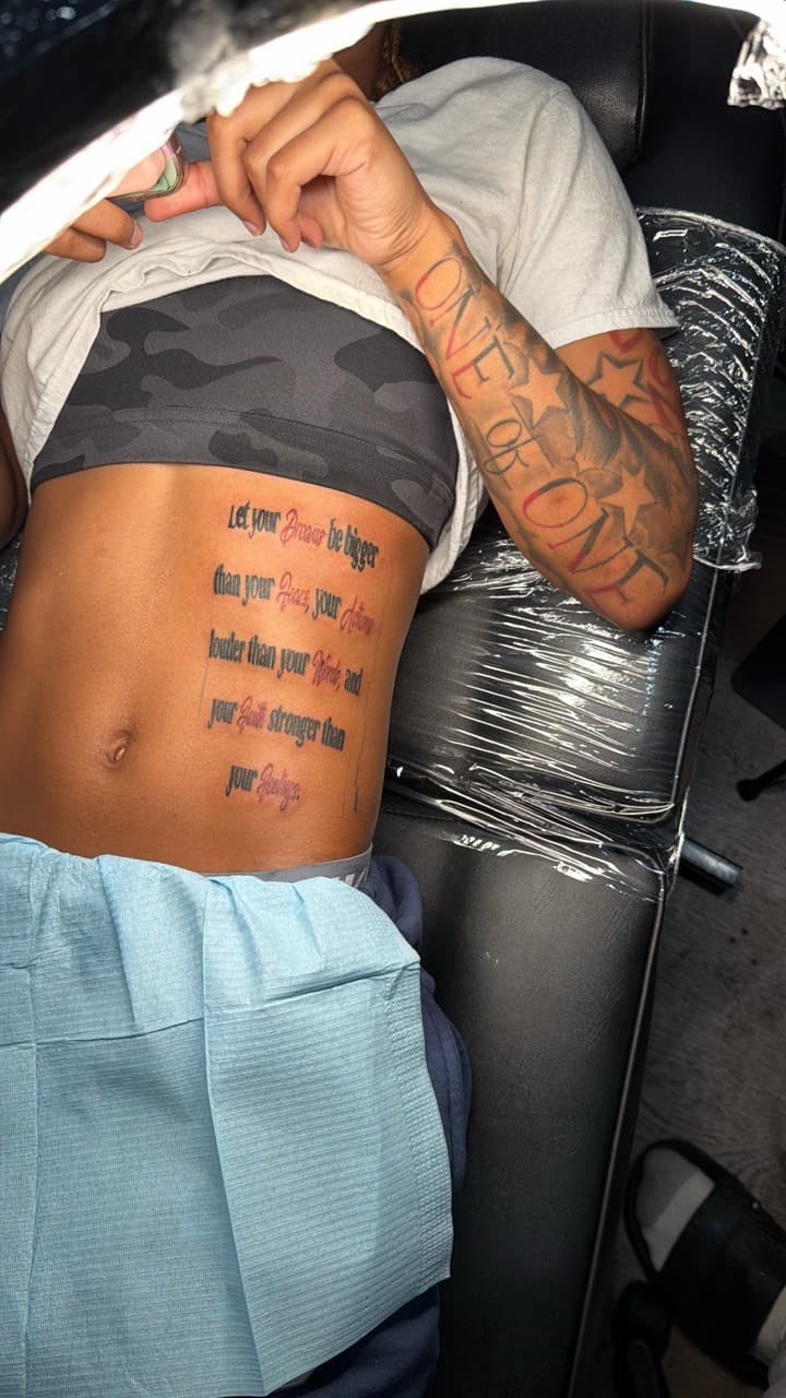 Lettering + Script quote tattoo on Ribs by yeahdatscjink on TattMe