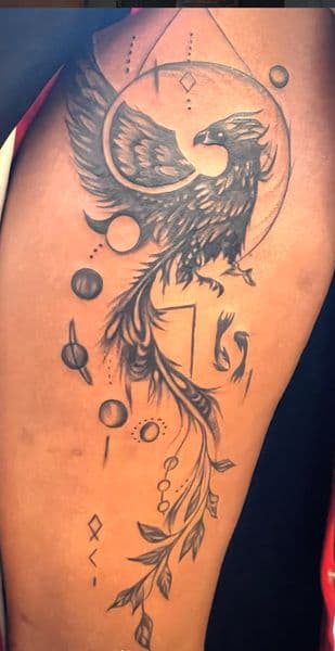 Black & Grey + Fine Line phoenix tattoo on Thigh by IndigoInk on TattMe