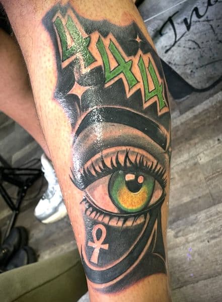 Color + Illustrative eye tattoo on Calf by IndigoInk on TattMe