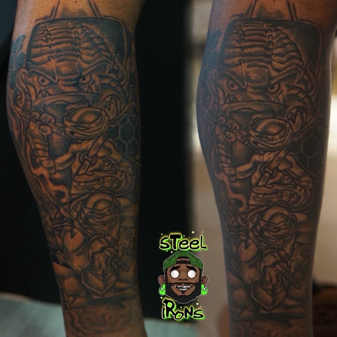 Black & Grey + Cartoon teenage mutant ninja turtles tattoo on Calf by Steelirons on TattMe