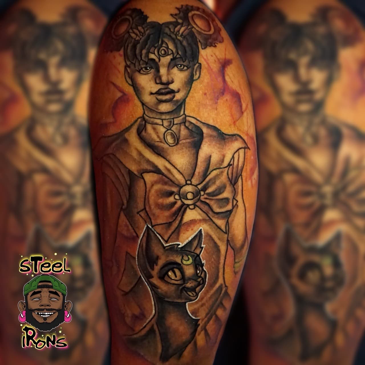 Anime + Illustrative cat tattoo on Upper Arm by Steelirons on TattMe