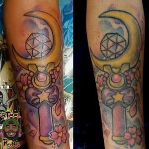 Color + Illustrative moon stick tattoo on Forearm by Steelirons on TattMe