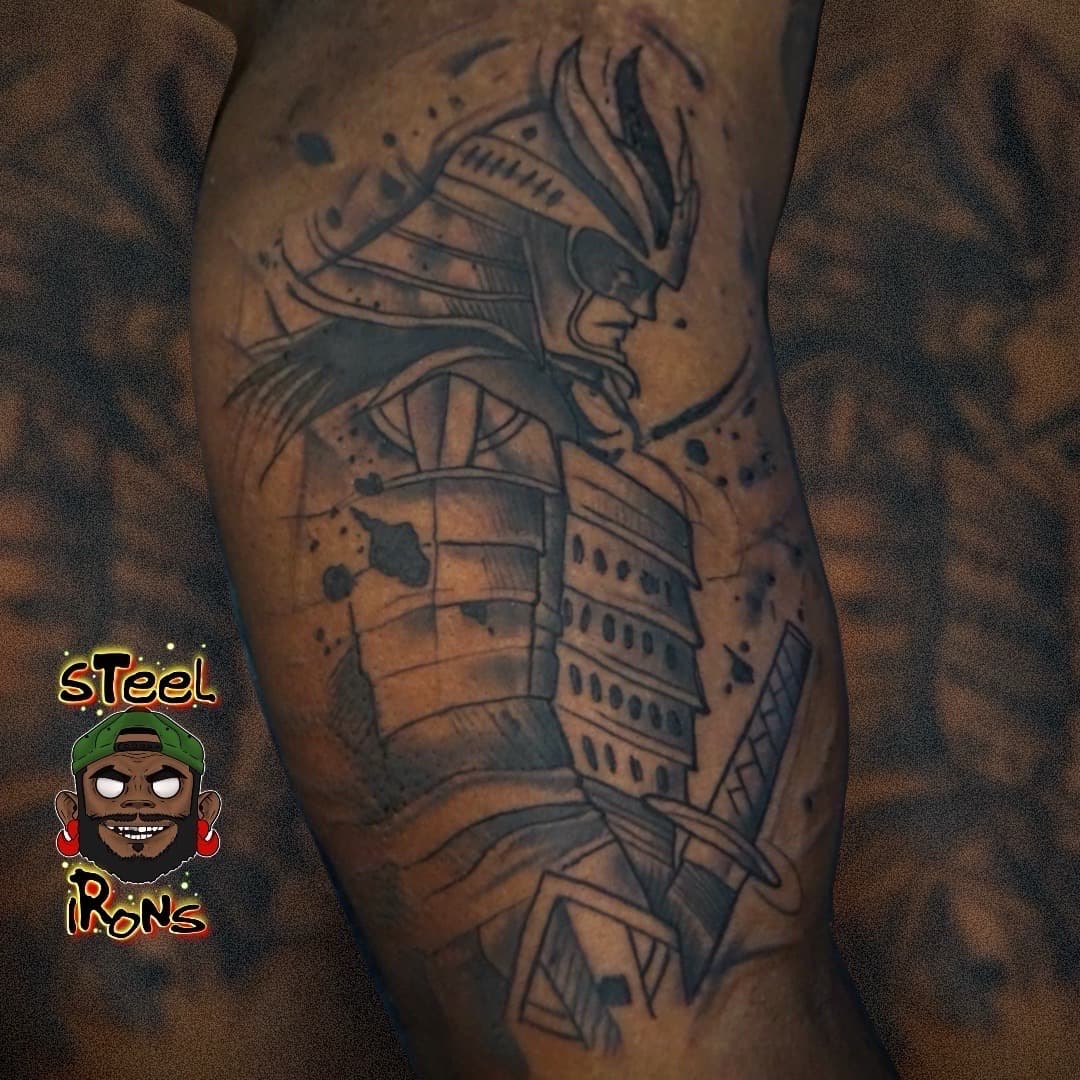 Black & Grey + Illustrative samurai tattoo on Upper Arm by Steelirons on TattMe