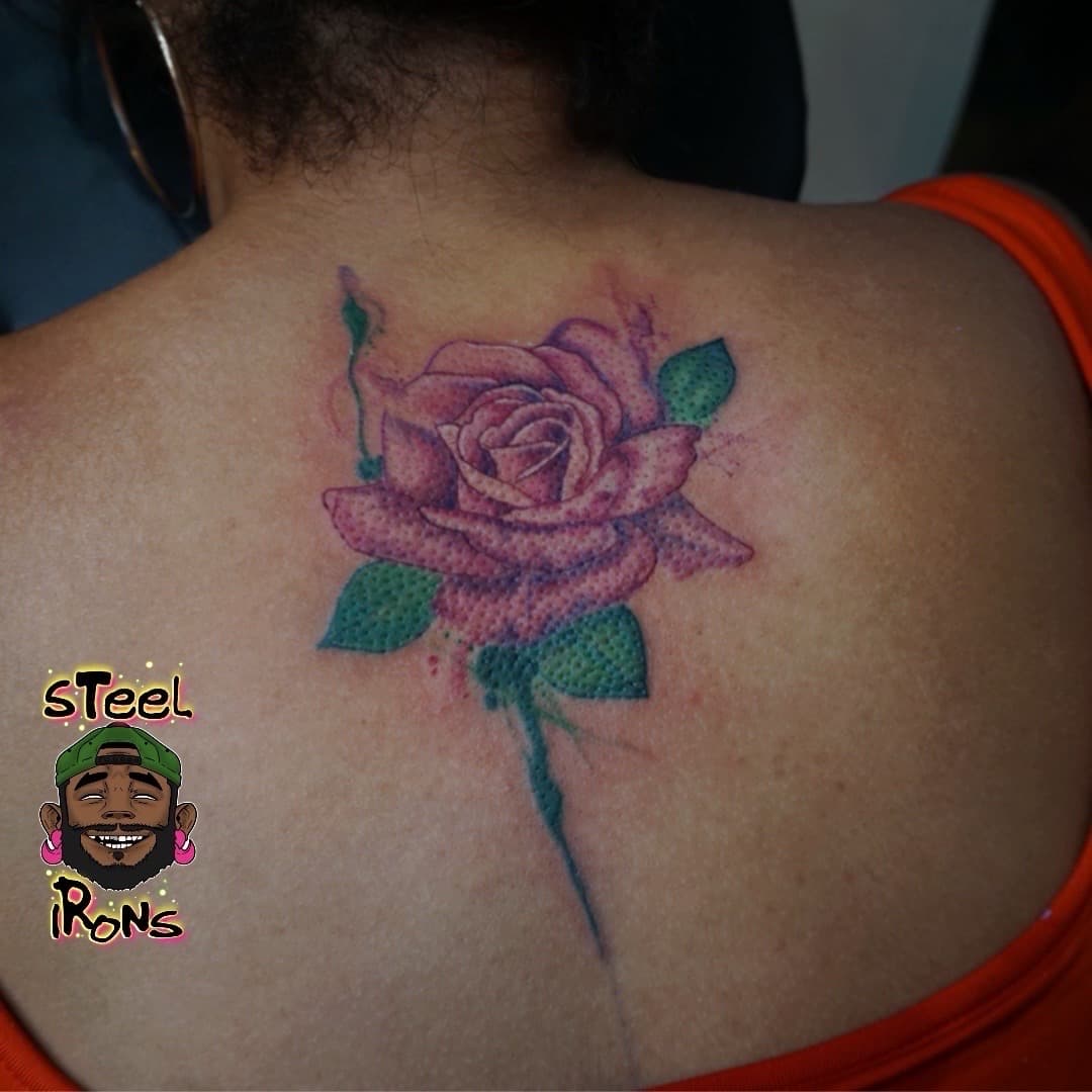 Floral + Dot-work rose tattoo on Shoulder Blade by Steelirons on TattMe