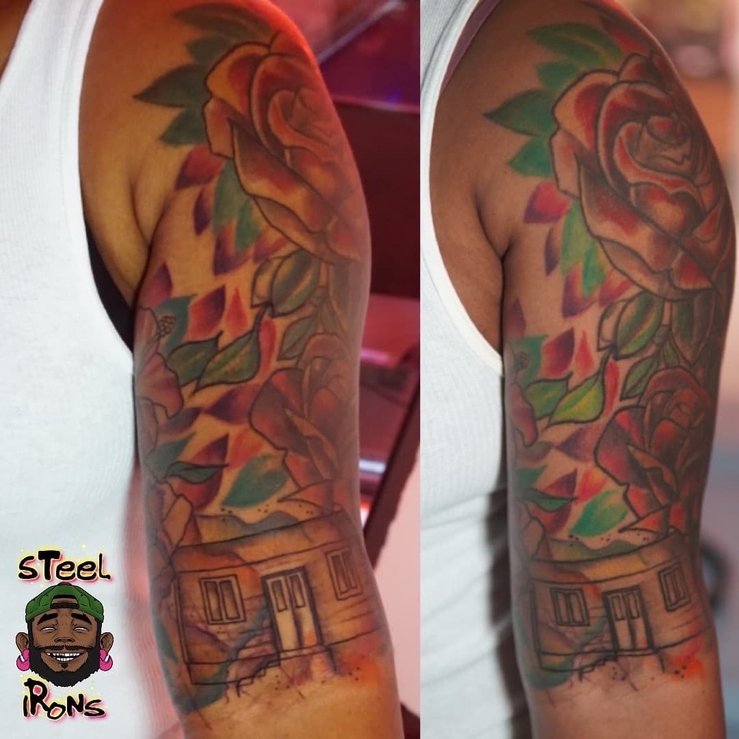 Color + Illustrative roses tattoo on Half Sleeve by Steelirons on TattMe