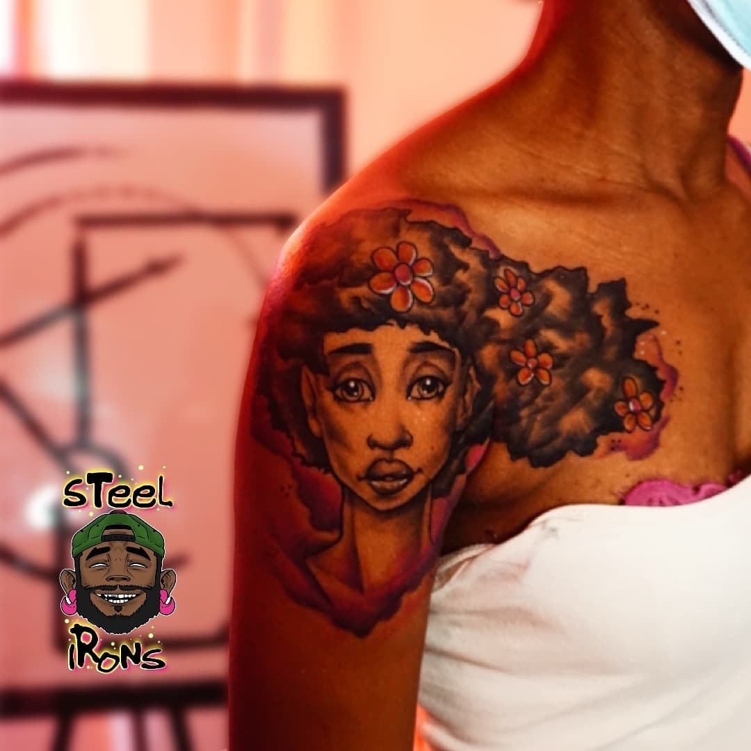 Illustrative + Color woman tattoo on Shoulder by Steelirons on TattMe