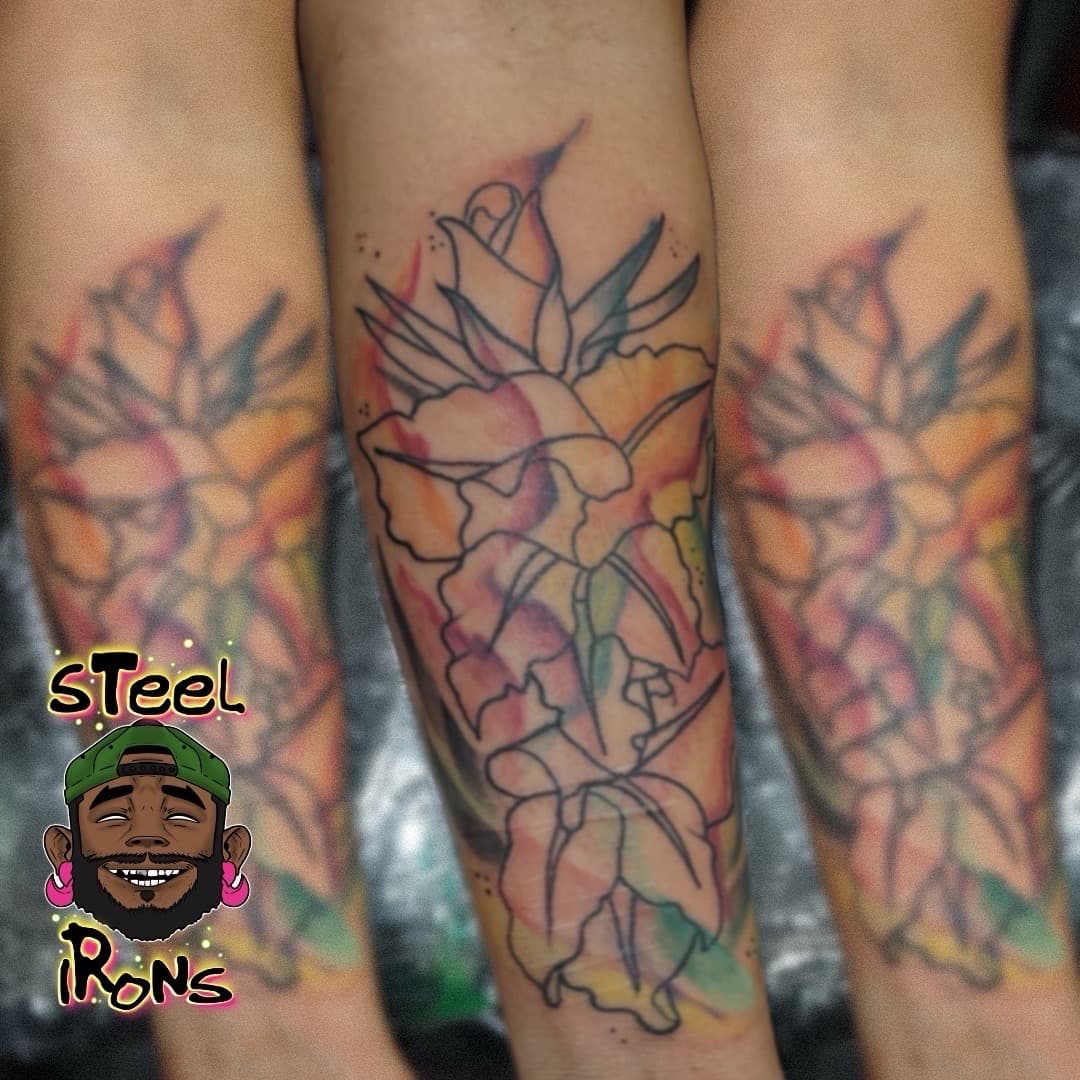 Watercolor + Line-work flowers tattoo on Forearm by Steelirons on TattMe