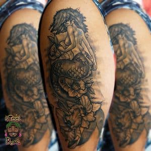 Black & Grey + Illustrative mermaid tattoo on Upper Arm by Steelirons on TattMe