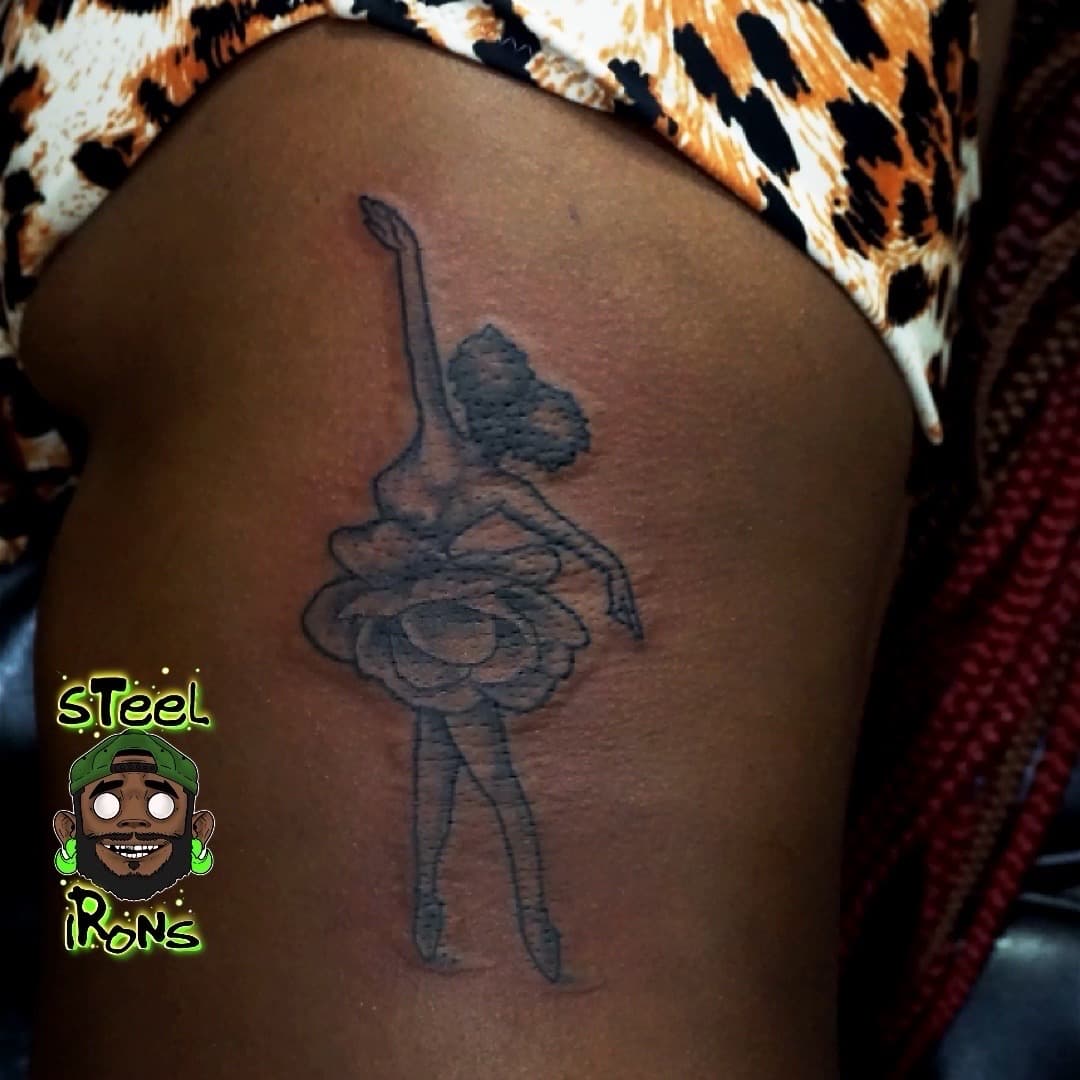 Fine Line + Black-work ballerina tattoo on Hip by Steelirons on TattMe