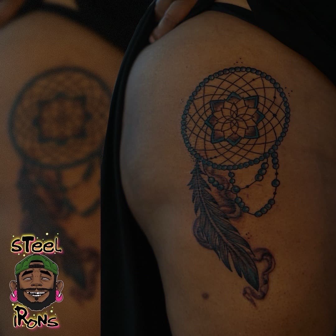 Fine Line + Color dreamcatcher tattoo on Hip by Steelirons on TattMe