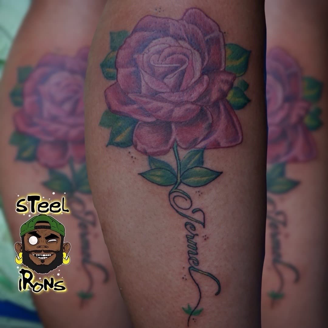 Floral + Color rose tattoo on Calf by Steelirons on TattMe